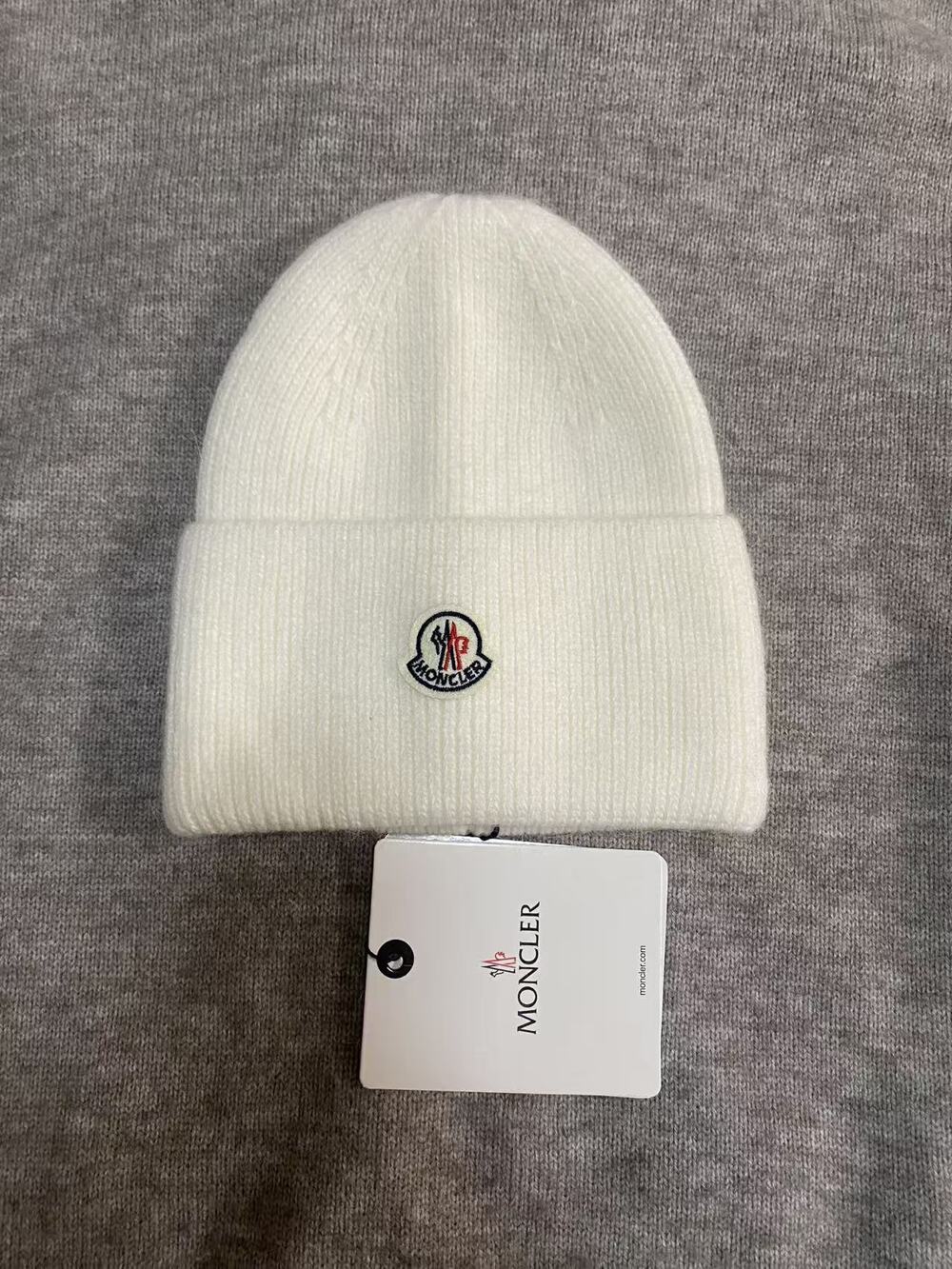 Moncler Logo Embroidered White Ribbed Knit Beanie